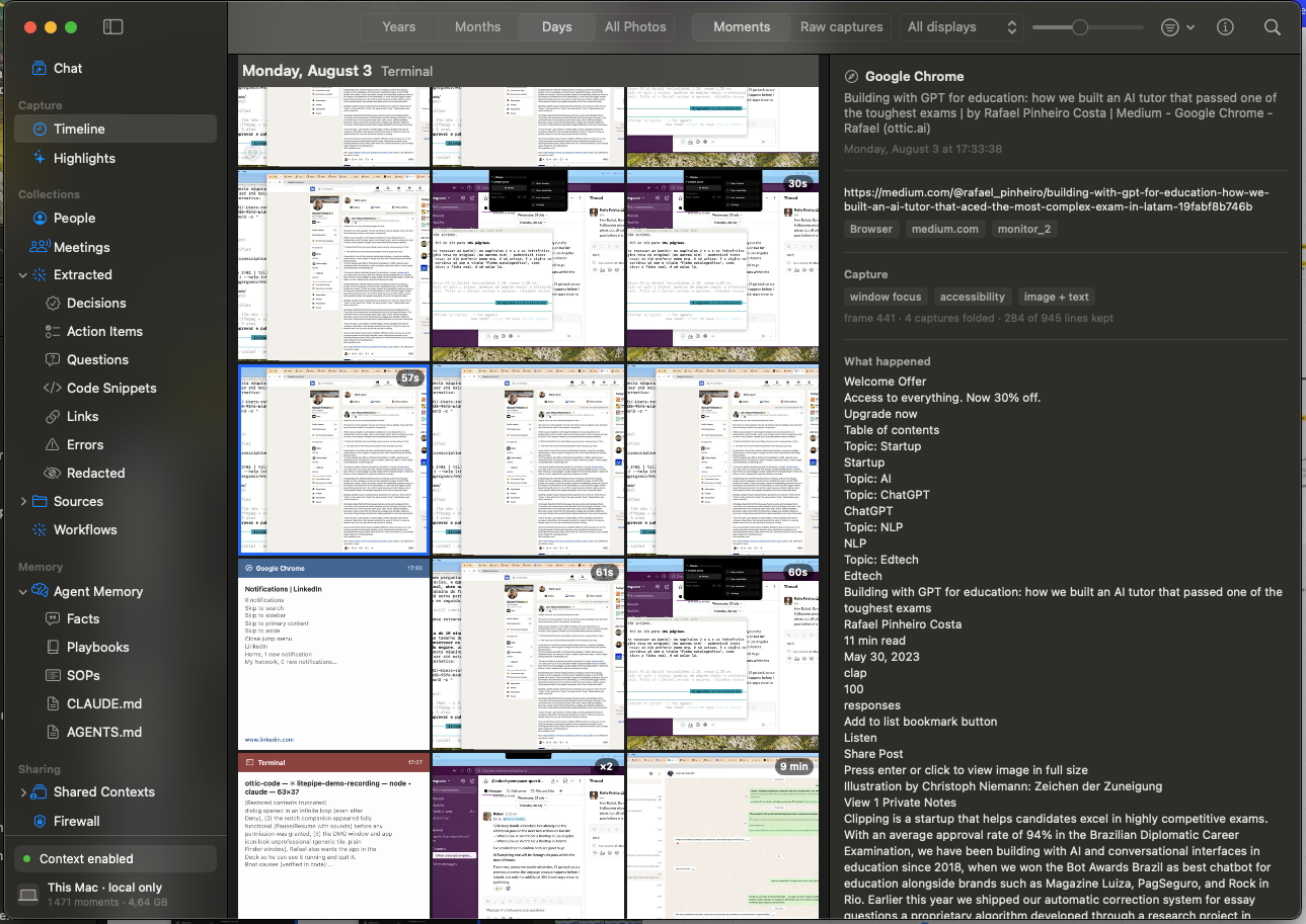 The litepipe window: a day of moments on the left, and what was on the selected screen on the right
